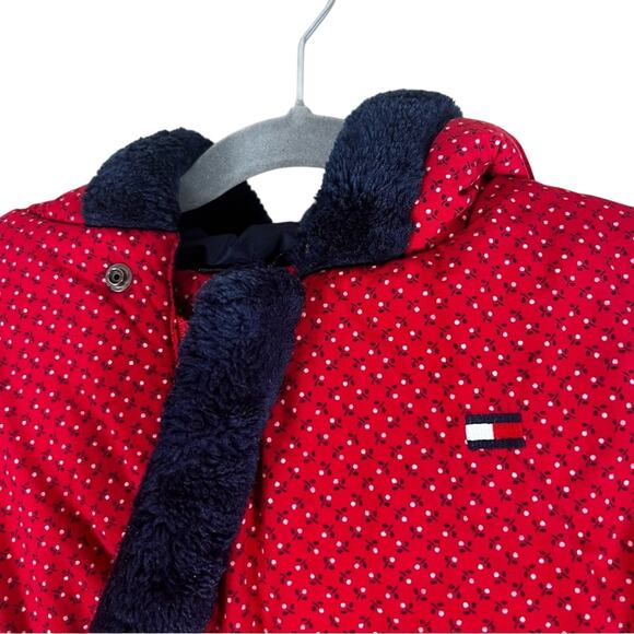 Tommy Hilfiger Puffer Coat Girls 3T Red Floral Nylon Bow Sherpa Trim Winter - Picture 2 of 5